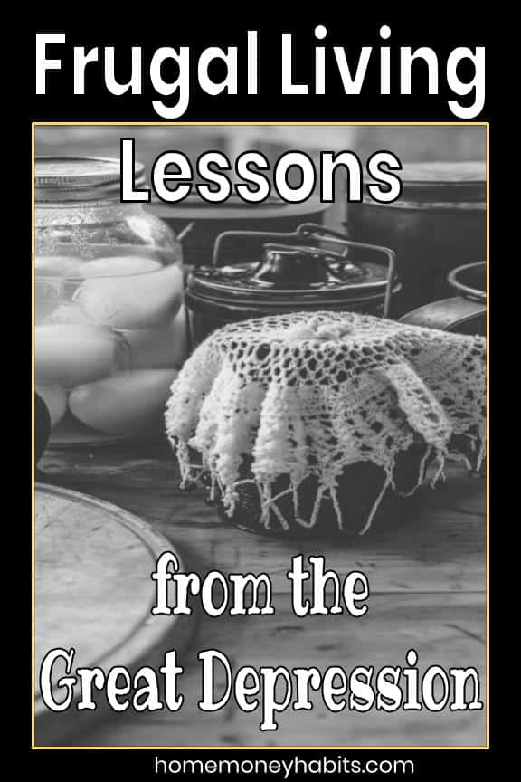 Crochet jar and preserves with a test overlay that reads Frugal Lessons from the Great Depression
